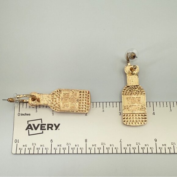 Hot Sauce Bottle Statement Earrings Red and Gold Sparkly Rhinestones - Picture 7 of 9